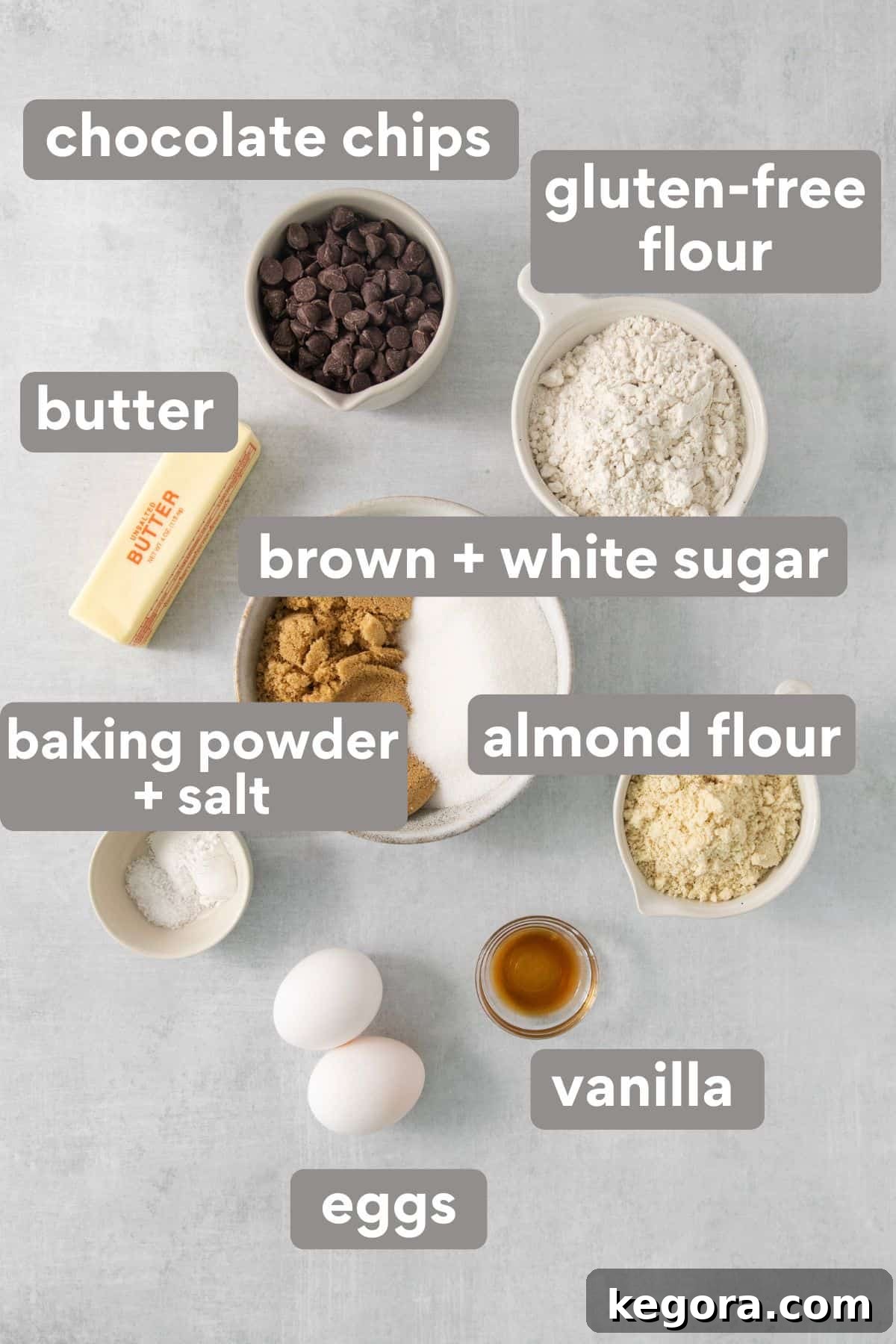 Irresistible Gluten-Free Cookie Cake 3 A vibrant collection of cookie cake ingredients laid out neatly on a kitchen countertop, showcasing all the essentials for baking.