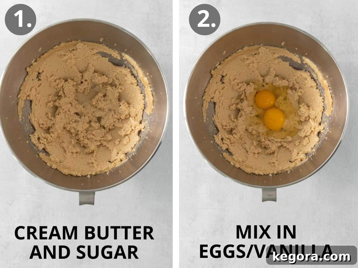 Irresistible Gluten-Free Cookie Cake 5 Butter and sugar being creamed together in a stand mixer bowl, followed by the addition of egg and vanilla, demonstrating the initial steps of cookie cake preparation.