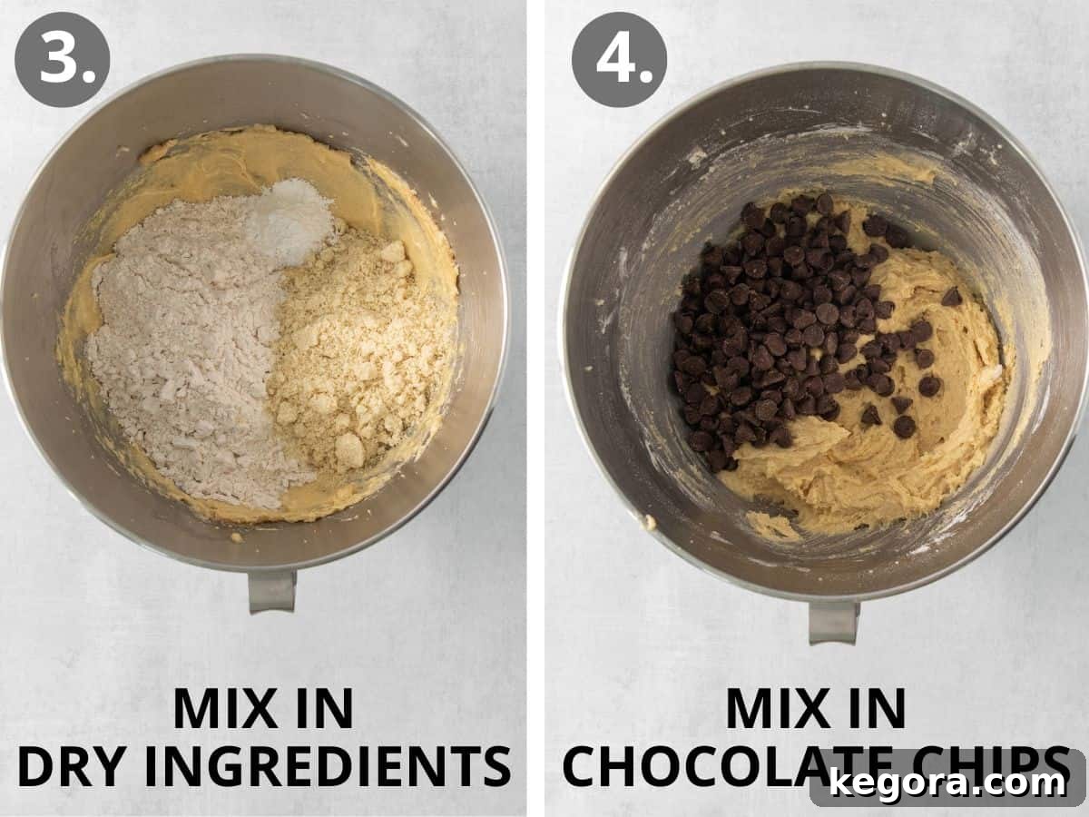 Irresistible Gluten-Free Cookie Cake 6 Dry ingredients being added to the mixing bowl, followed by chocolate chips being stirred into the cookie dough, illustrating the final stages of batter preparation.