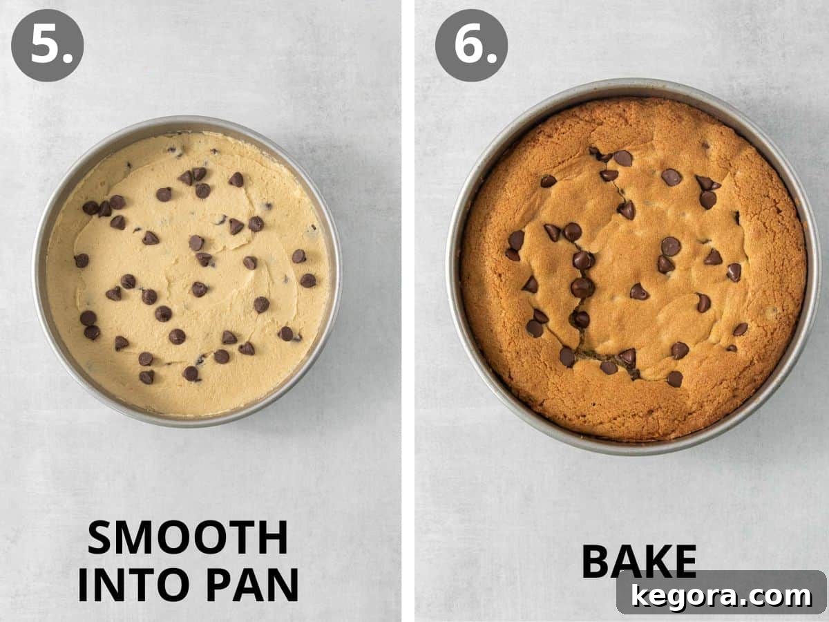 Irresistible Gluten-Free Cookie Cake 7 Raw cookie cake batter evenly spread in a round baking pan, followed by an image of the golden-brown, freshly baked cookie cake, showcasing the baking process.