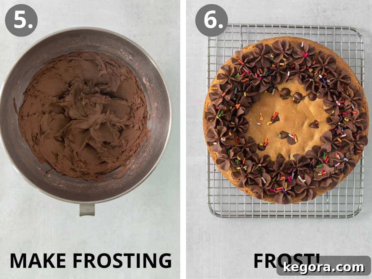 Irresistible Gluten-Free Cookie Cake 8 Smooth chocolate frosting in a mixing bowl, beside a beautifully frosted gluten-free cookie cake, ready for serving.