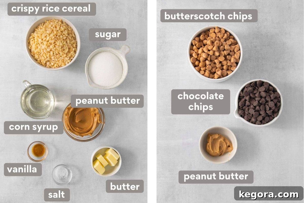 scotcheroo ingredients measured and labeled.