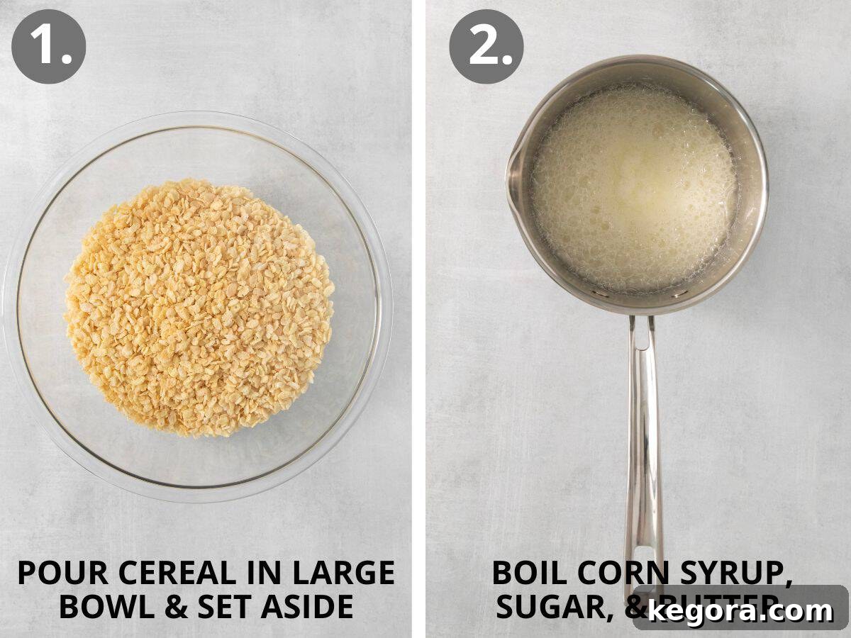 step 1 pour cereal, step 2 boil corn syrup, sugar, and butter.