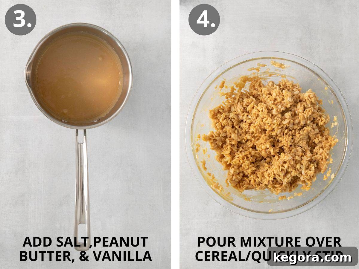 step 3 add salt, peanut butter, and vanilla, step 4 mix with cereal quickly.