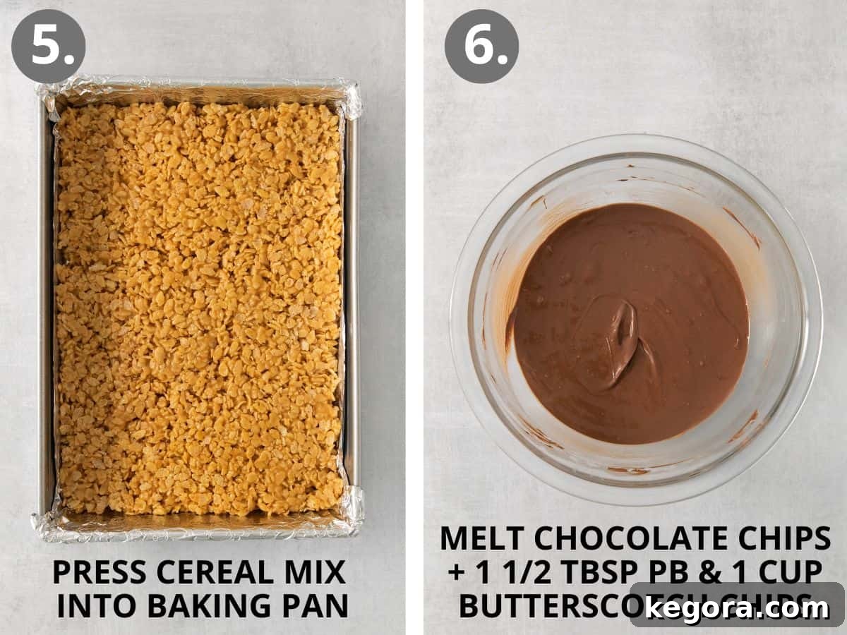 Step 5 spread cereal in pan, step 6 melt chocolate, some butterscotch, some peanut butter.