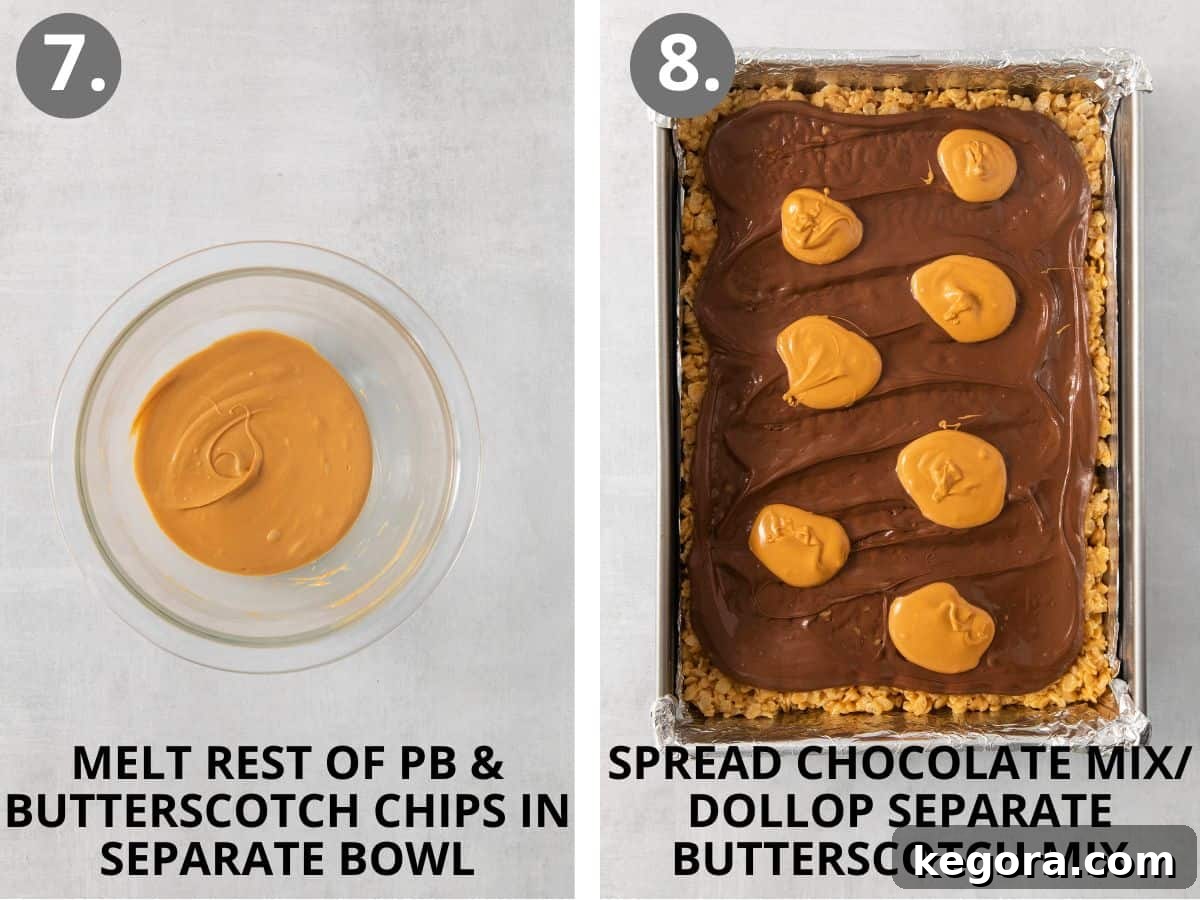 Step 7 melt rest of peanut butter and butterscotch, step 8 spread chocolate, dollop butterscotch.
