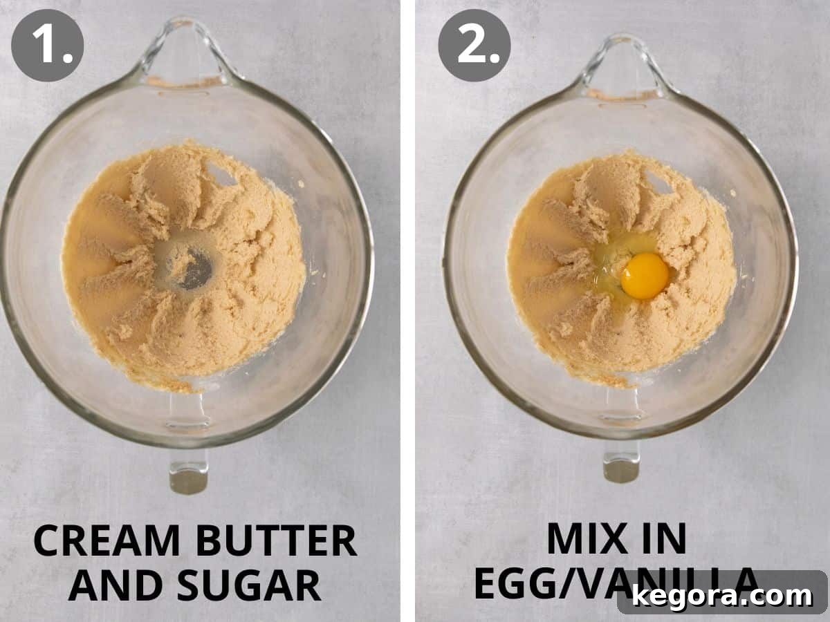 Step-by-step photos showing butter and sugars being creamed, then egg and vanilla being mixed in for the s'mores bar dough.