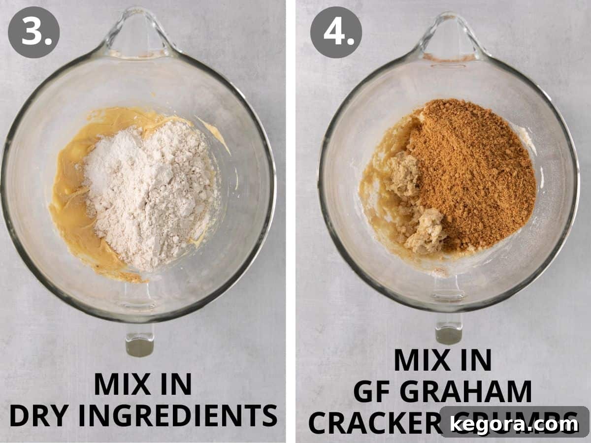 Step-by-step photos showing dry ingredients then graham cracker crumbs being incorporated into the s'mores bar dough.