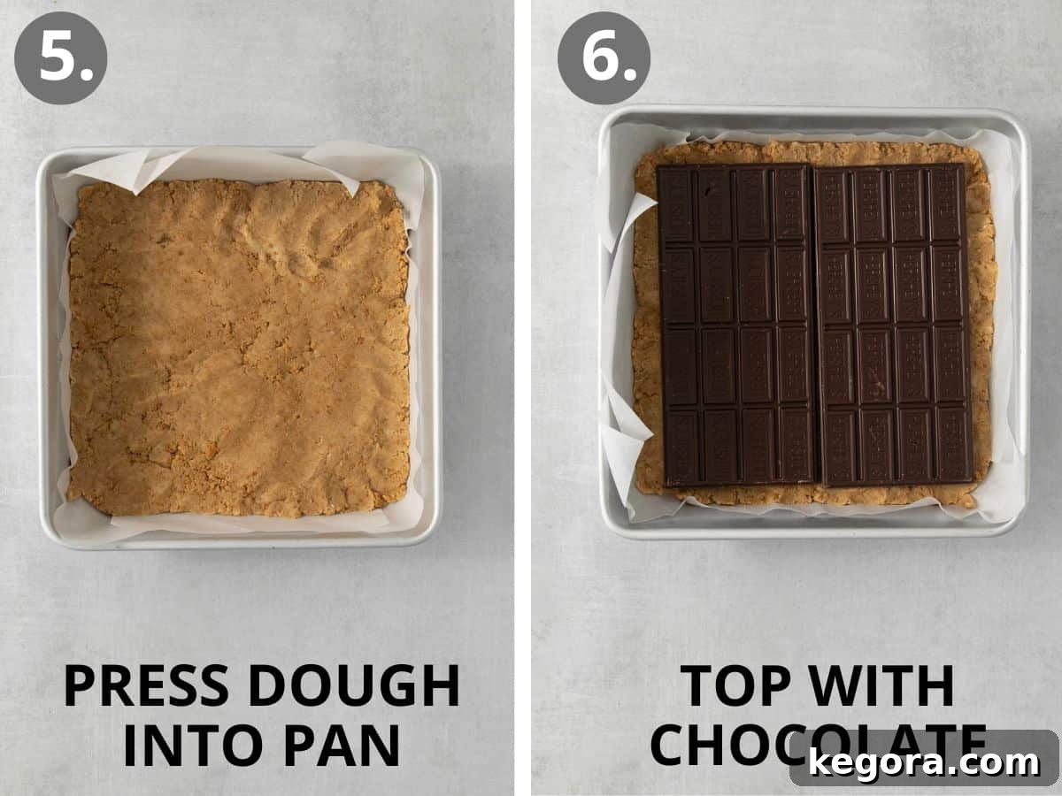 Step-by-step photos showing half the dough pressed into the pan, removed, and then the remaining dough pressed for the bottom layer and topped with chocolate.