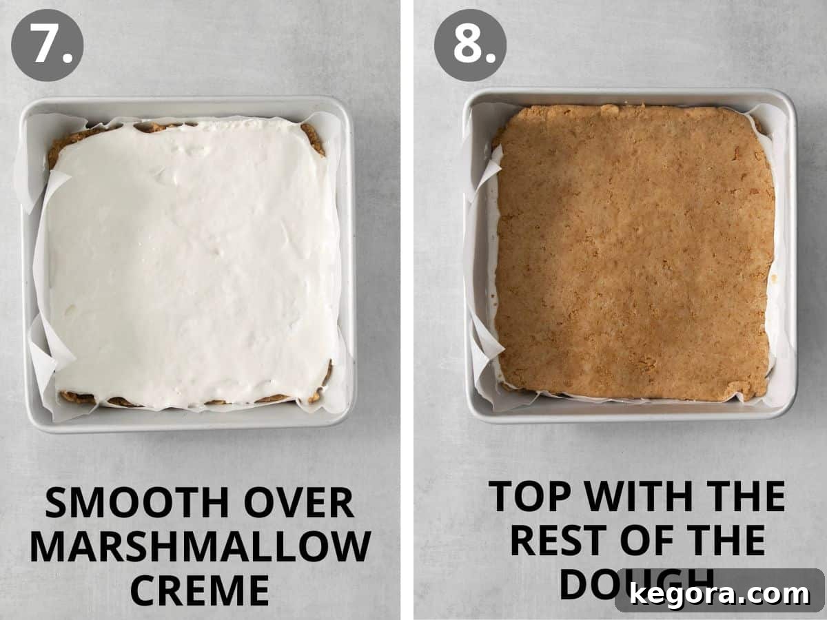 Step-by-step photos showing marshmallow layer added, followed by the top cookie layer, ready for baking and cooling.