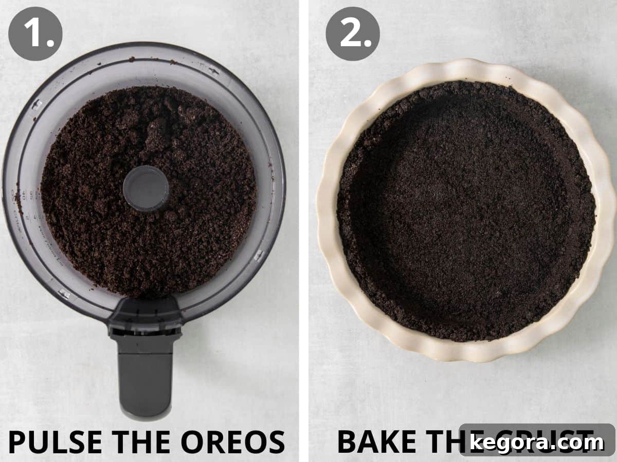 Gluten-Free Minty Oreo Delight 4 Gluten-free Oreos being processed into fine crumbs in a food processor, and then the mixture being pressed into a pie dish to form a chocolate cookie crust.