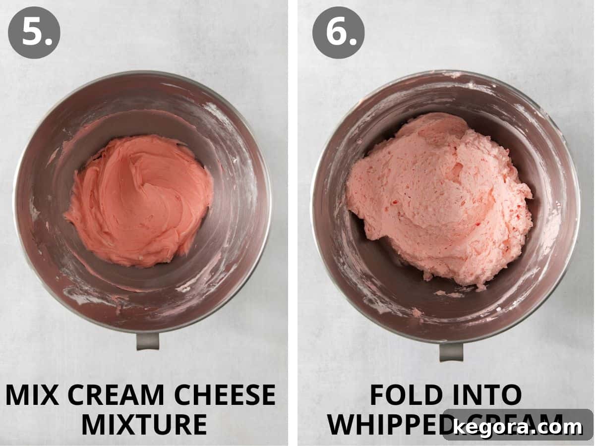 Gluten-Free Minty Oreo Delight 6 Cream cheese mixture being prepared in a mixing bowl, followed by whipped cream being gently folded into the mixture for the peppermint pie filling.