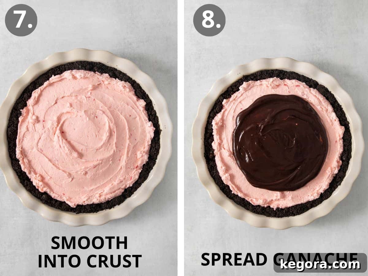 Gluten-Free Minty Oreo Delight 7 The vibrant pink peppermint filling smoothed evenly into the baked Oreo crust, followed by a layer of dark chocolate ganache spread over the top, for the gluten-free peppermint pie.