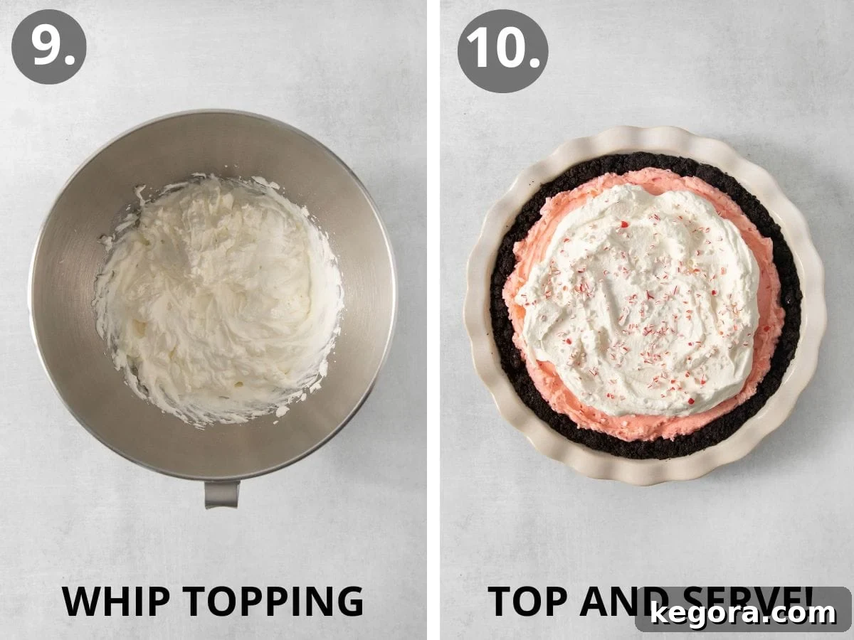 Gluten-Free Minty Oreo Delight 8 Freshly whipped cream in a stand mixer bowl, and the finished gluten-free peppermint Oreo pie topped with a generous swirl of whipped cream and crushed peppermint candy.