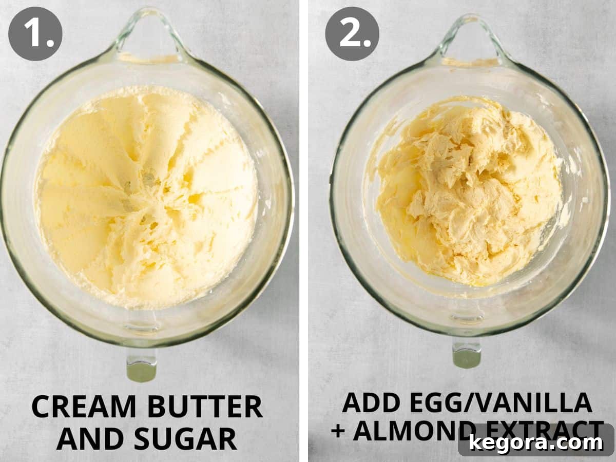 The initial stages of gluten-free spritz cookie dough preparation: butter, sugar, eggs, and extracts expertly combined in a glass mixing bowl.