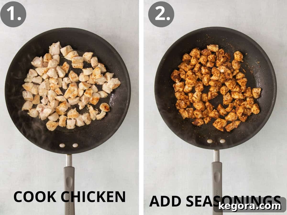 Ultimate BBQ Chicken Nachos 5 Diced chicken breast cooking in a skillet, showing both plain and seasoned stages, ready to be coated in BBQ sauce.