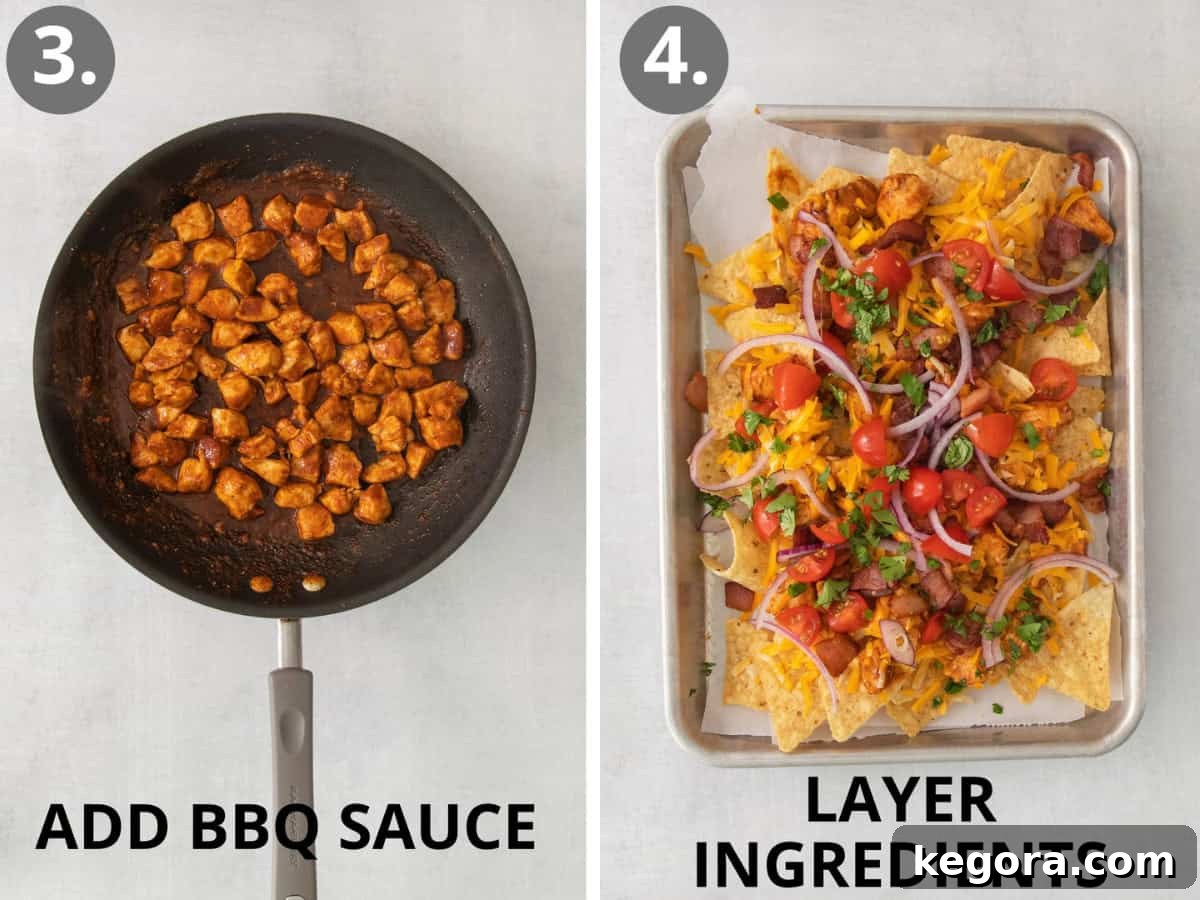 Ultimate BBQ Chicken Nachos 6 BBQ chicken simmering in a skillet, followed by a sheet pan layered with tortilla chips, cheese, and BBQ chicken, ready for baking.