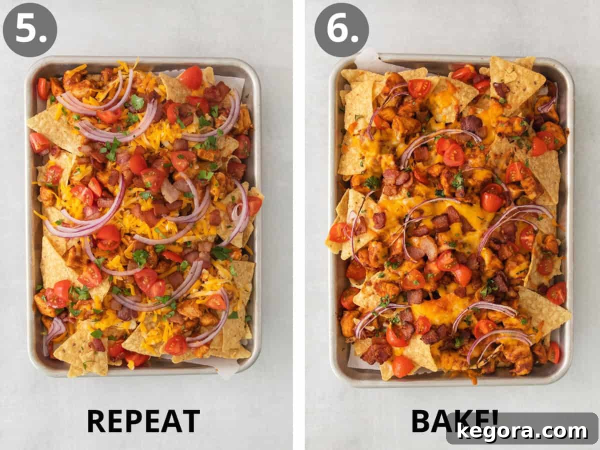 Ultimate BBQ Chicken Nachos 7 A sheet pan of BBQ chicken nachos, illustrating the layering before baking and the final, bubbly result fresh from the oven.