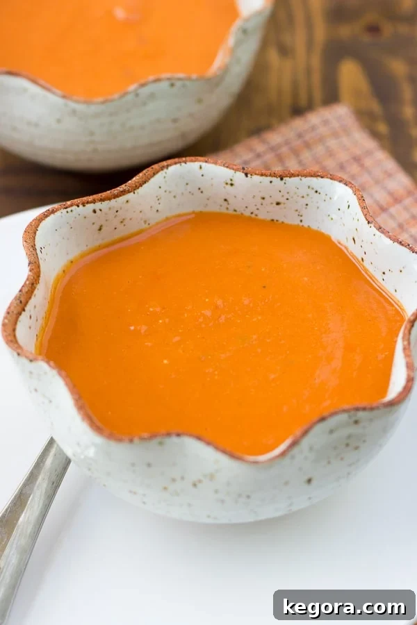 Velvety Tomato Bliss Gluten Free Dairy Free 3 Smooth and creamy homemade tomato soup in a bowl with fresh basil garnish