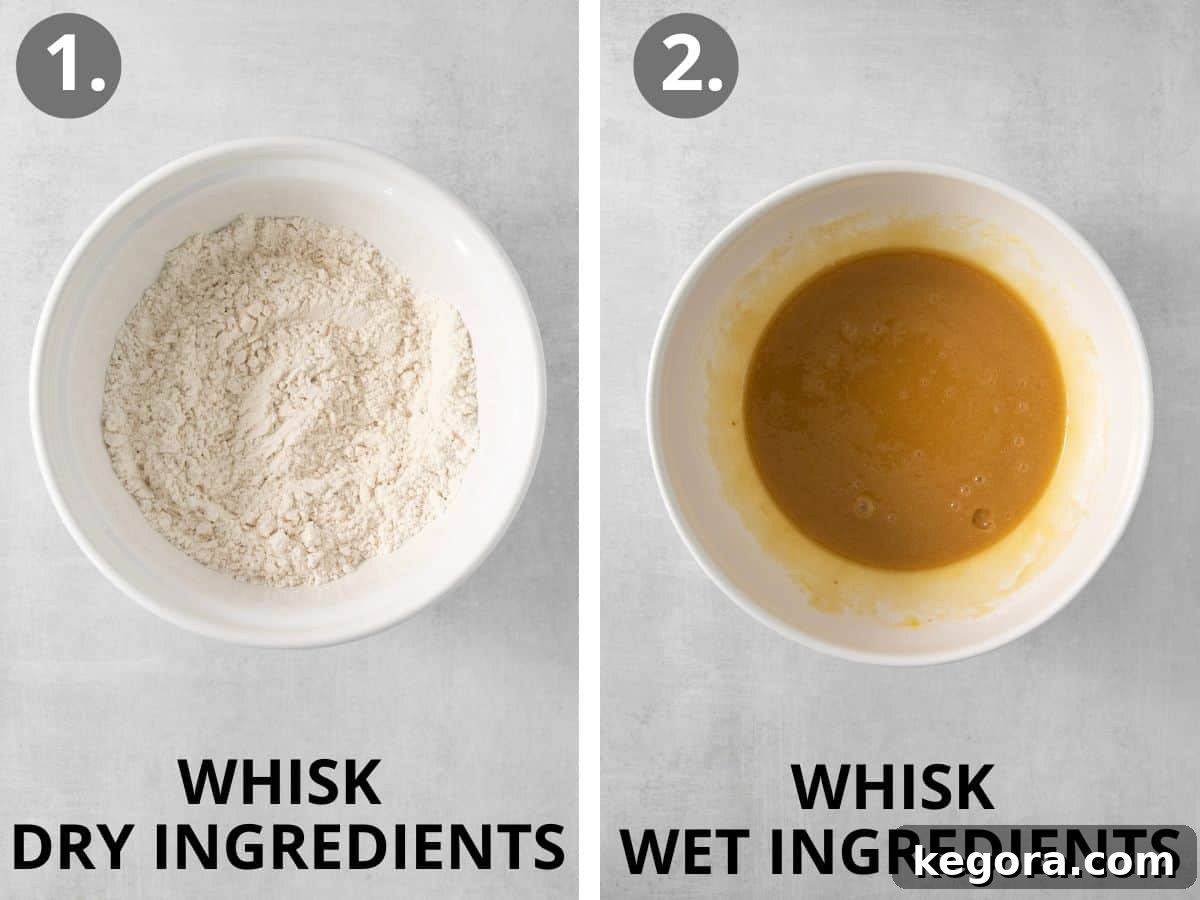 Image shows two mixing bowls: one with combined dry ingredients (flour, baking soda, salt) and another with wet ingredients (melted butter, sugars, egg, egg yolk, vanilla) ready to be mixed for gluten-free white chocolate macadamia nut cookies.