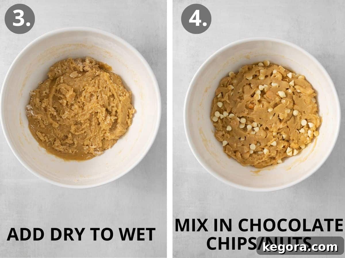 Two images: first shows dry and wet ingredients combined in a bowl to form the cookie dough, second shows white chocolate chips and macadamia nuts folded into the gluten-free dough.