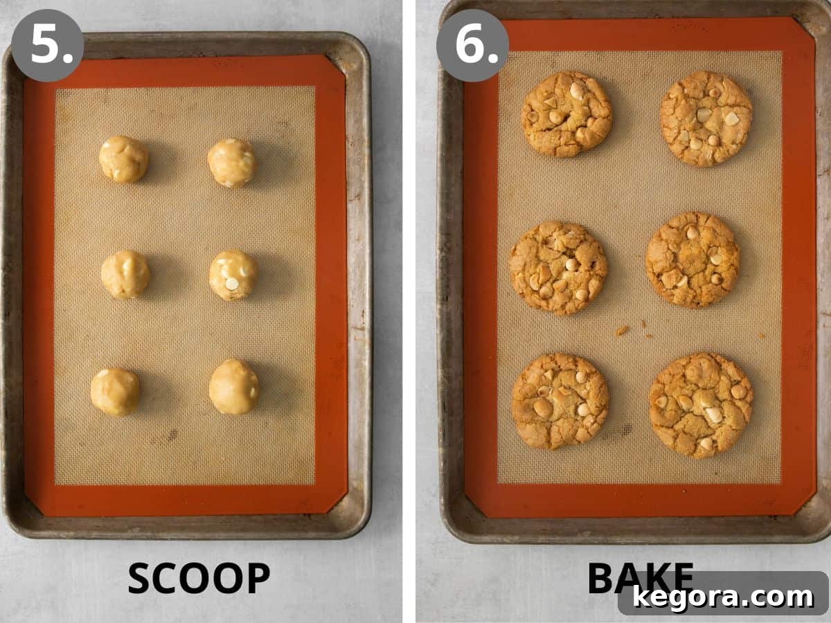 Two images: first shows perfectly scooped and rolled gluten-free white chocolate macadamia nut cookie dough balls on a baking sheet, second displays the same cookies baked to golden perfection, cooling on the sheet.
