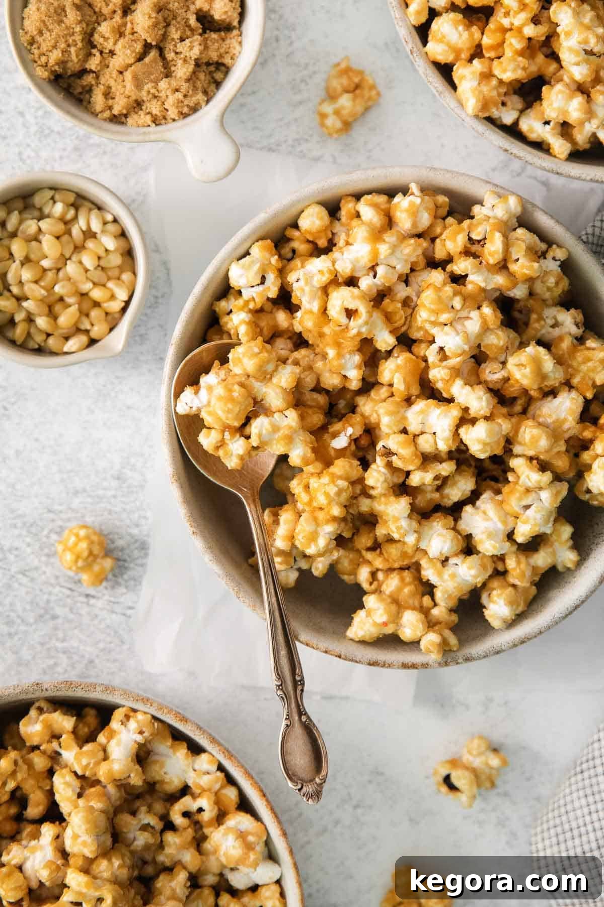 Effortless Caramel Popcorn Treat 2 Microwave caramel corn in a bowl on a countertop