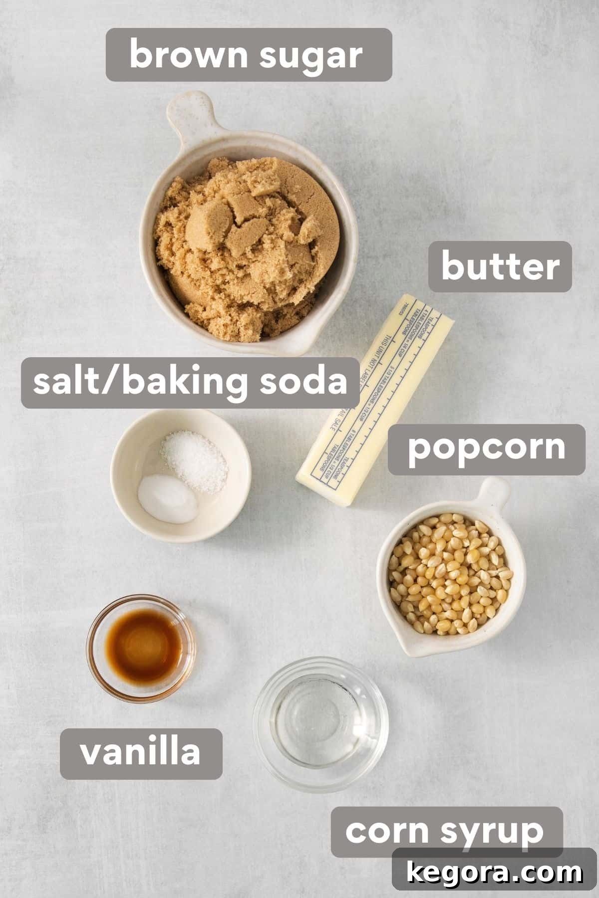 Effortless Caramel Popcorn Treat 3 Microwave caramel corn ingredients on a countertop