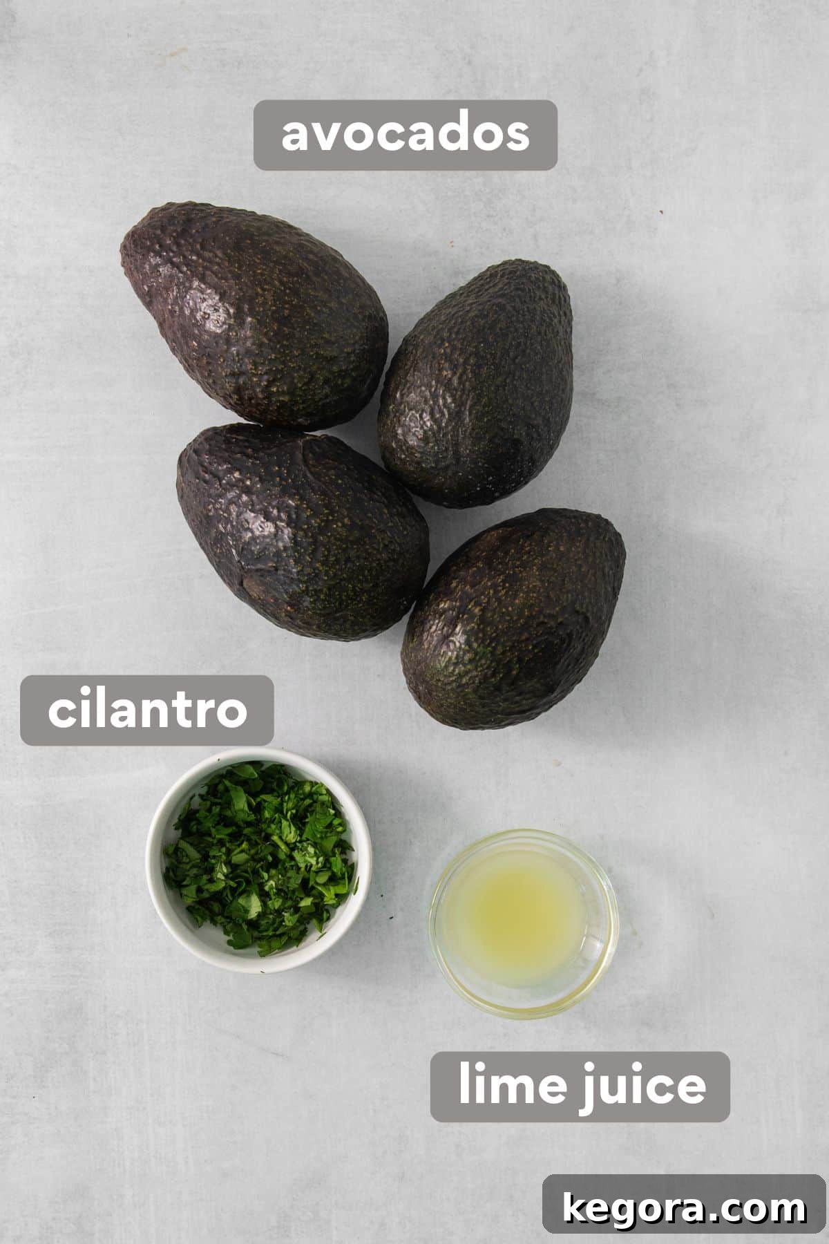 Fresh avocados, a bunch of cilantro, and a whole lime on a rustic countertop, essential ingredients for making vibrant guacamole.