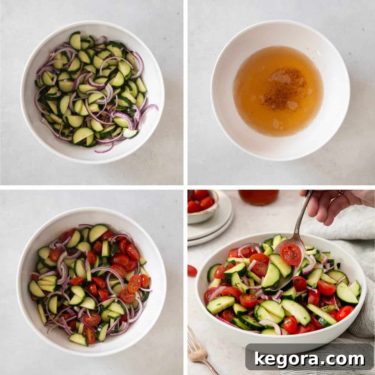 Easy Tangy Cucumber Tomato Salad 5 A visual guide showing the preparation steps for Marinated Cucumber Tomato Salad: making the vinaigrette, combining cucumbers and onions, adding tomatoes, and the final serving presentation.