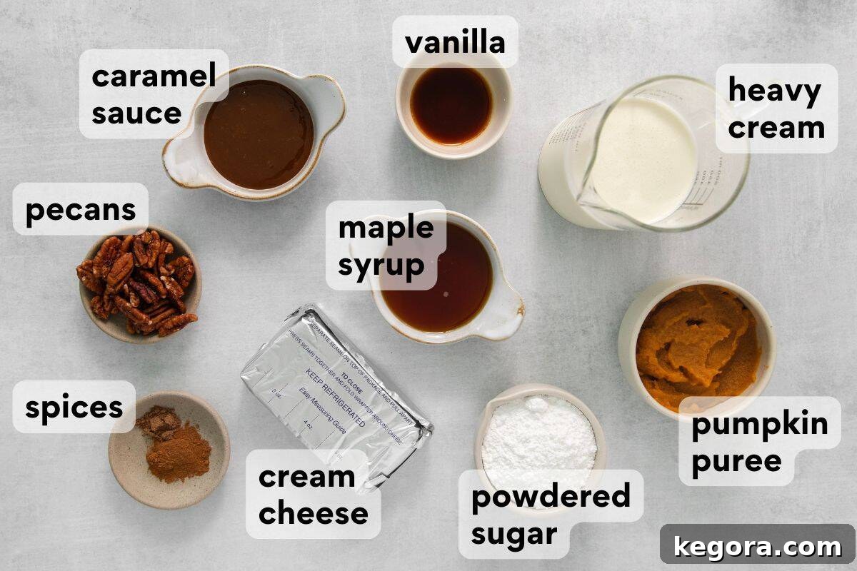 All the essential pumpkin cheesecake dip ingredients measured and clearly labeled on a countertop.