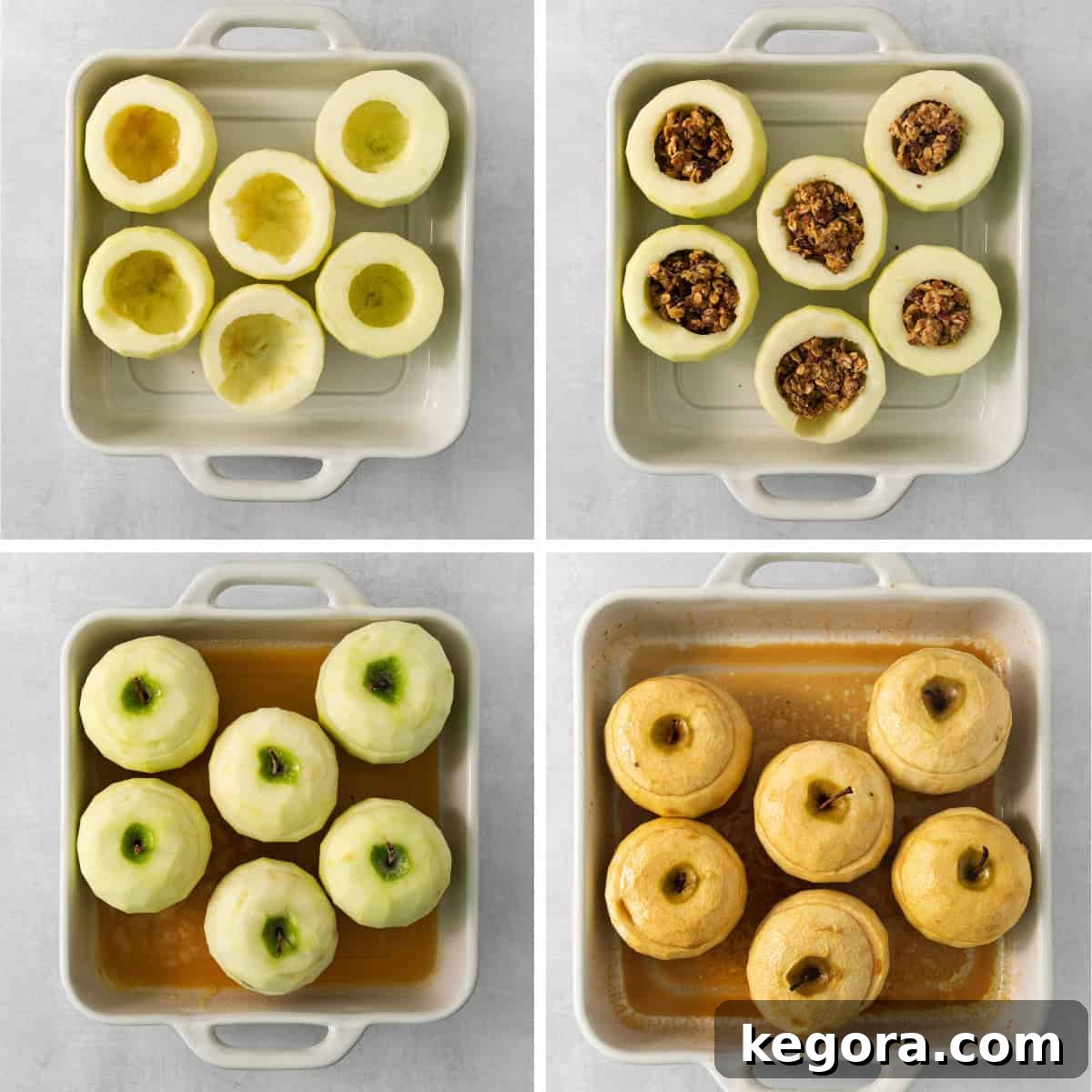 Comforting Gluten-Free Baked Apples 5 Process photos for baked apples: cored raw apples, filled raw apples, and covered raw apples in a baking pan, followed by baked apples in a baking pan with golden brown tops.
