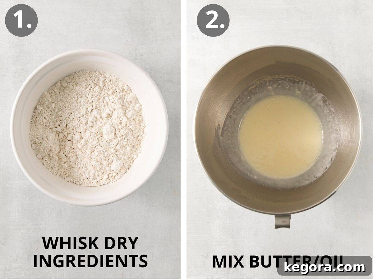 Step-by-step visuals: whisking dry ingredients and mixing butter with oil for gluten-free vanilla cupcakes.