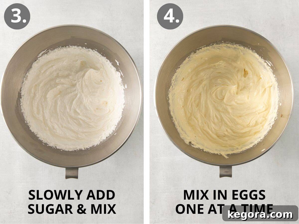Steps 3 and 4 visually demonstrate slowly adding sugar and mixing in eggs one at a time for gluten-free vanilla cupcakes.
