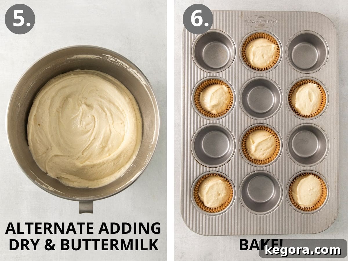 Visual steps for making gluten-free vanilla cupcakes: alternating dry mix and buttermilk, then baking in a prepared tin.