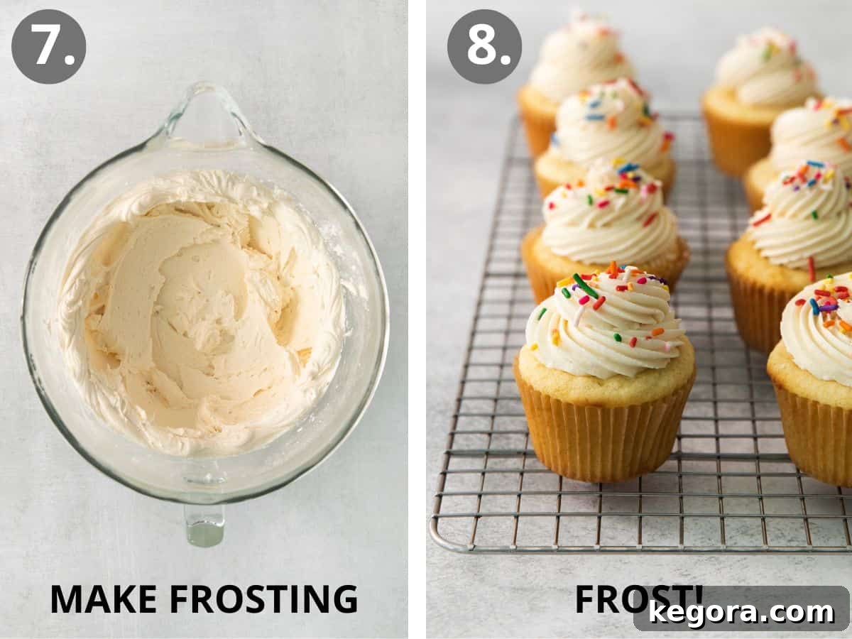 The final two steps of making gluten-free vanilla cupcakes: preparing the creamy frosting and artfully frosting each cupcake.
