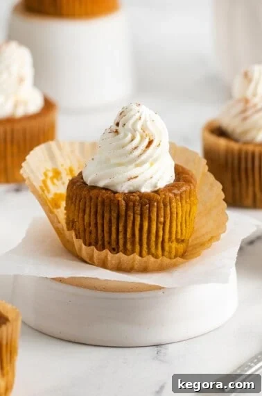 Cozy Gluten-Free Pumpkin Spice Loaf 12 close up of crustless pumpkin pie topped with whipped cream on white surface