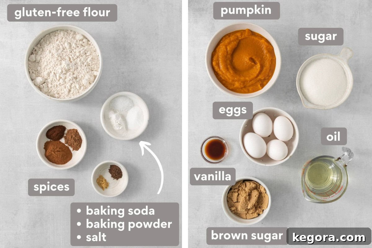 Arrangement of dry and wet ingredients for gluten-free pumpkin cupcakes on a countertop