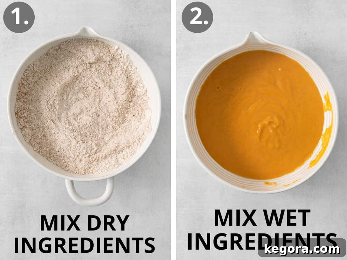 Dry ingredients for gluten-free pumpkin cupcakes in one bowl and wet ingredients mixed in another, ready to be combined