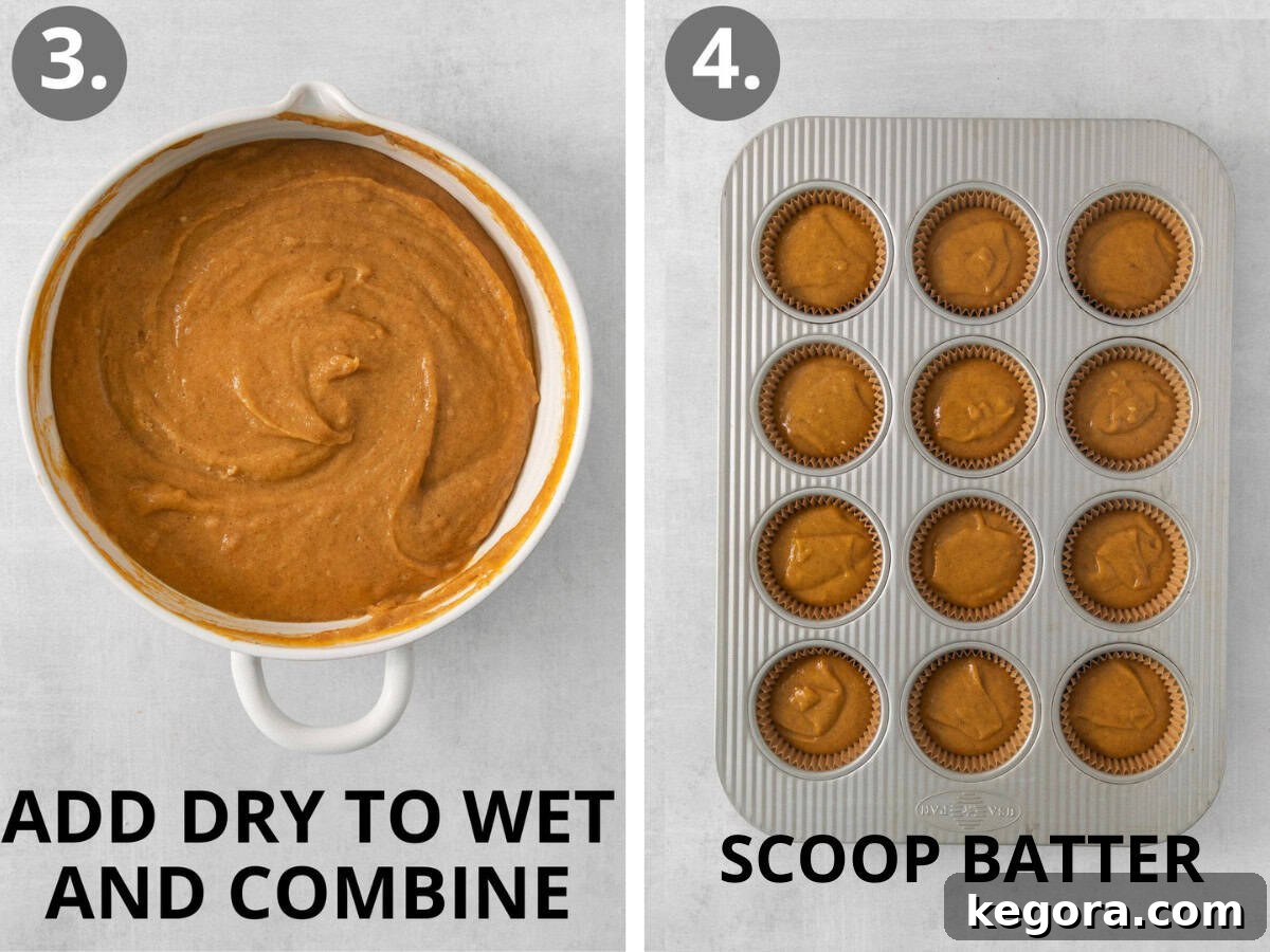 Gluten-free pumpkin cupcake batter in a bowl and then perfectly scooped into a muffin tin lined with paper cups