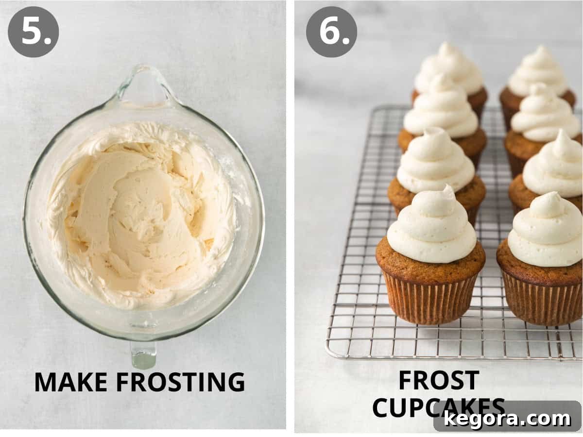 Cream cheese frosting for gluten-free pumpkin cupcakes in a bowl and frosted cupcakes cooling on a wire rack