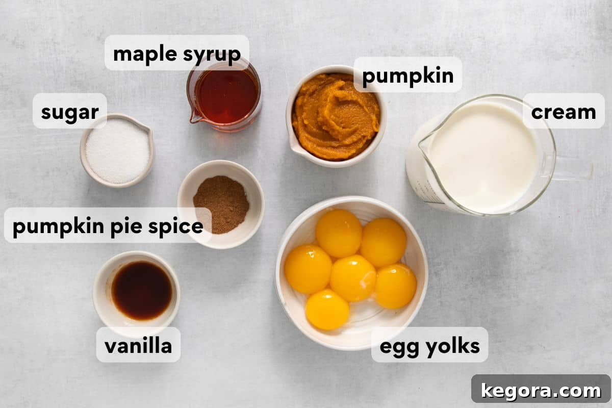 Velvet Pumpkin Creme Brulee 4 A collection of pumpkin creme brûlée ingredients neatly measured and labeled on a rustic wooden board.