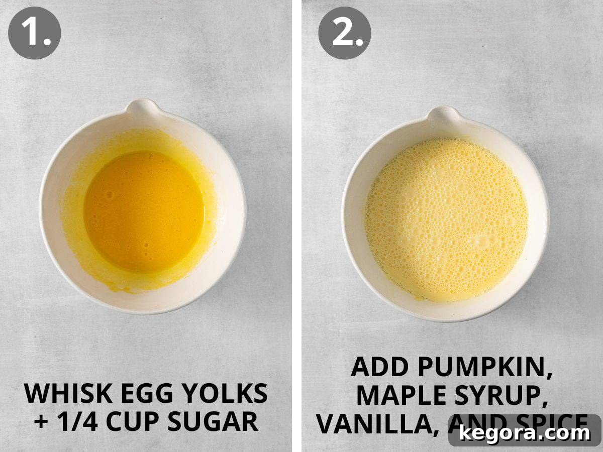 Velvet Pumpkin Creme Brulee 5 Step-by-step images showing whisking egg yolks and sugar, then adding pumpkin, syrup, vanilla, and spice.