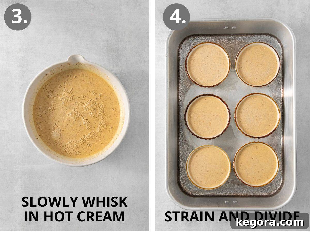 Velvet Pumpkin Creme Brulee 6 Step-by-step images showing slowly whisking in hot cream, then straining and dividing into ramekins.
