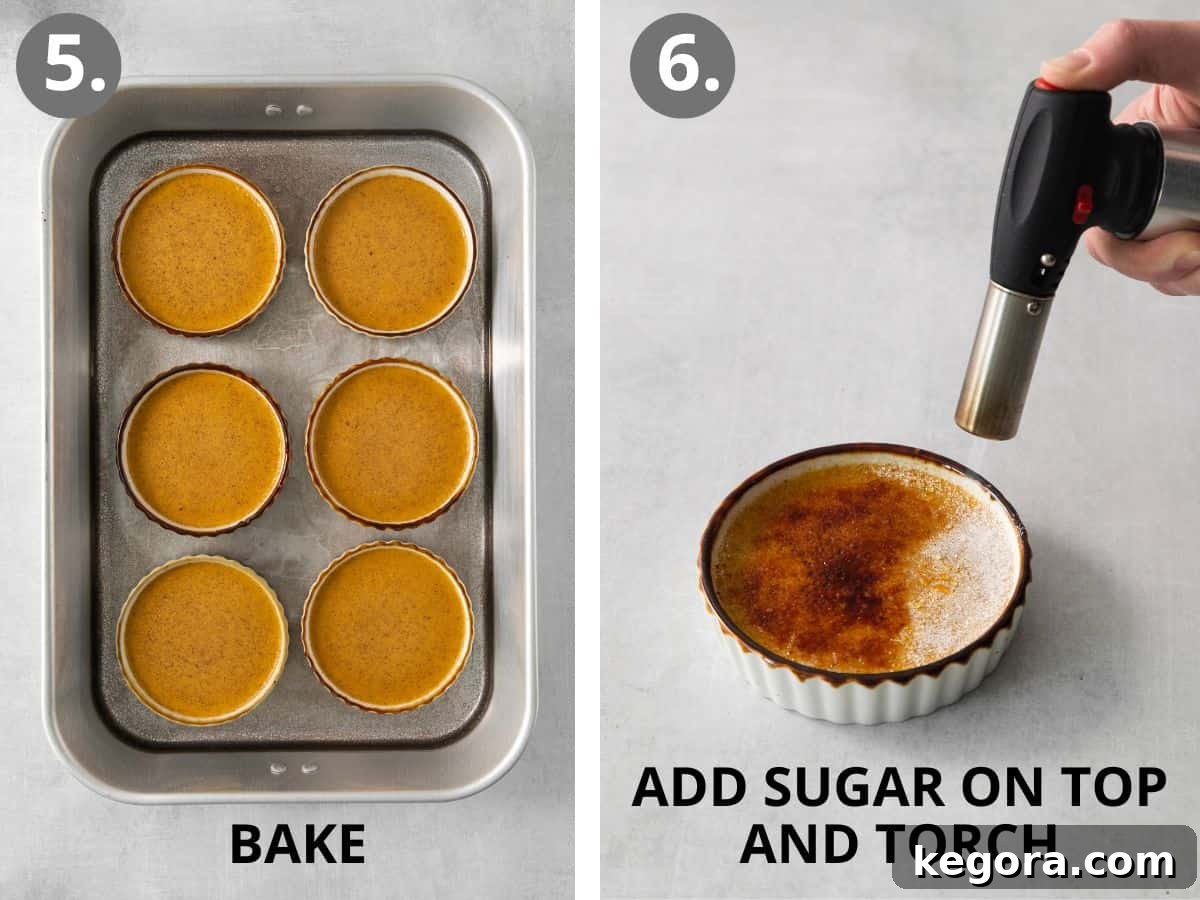 Velvet Pumpkin Creme Brulee 7 Step-by-step images showing filling the water bath and baking, then sprinkling sugar and torching for caramelization.