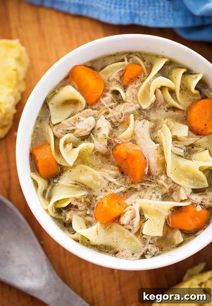 A close-up shot of the Instant Pot Mini Game Hen Noodle Soup, showcasing tender shredded game hen, vibrant carrots and celery, and soft wide egg noodles.