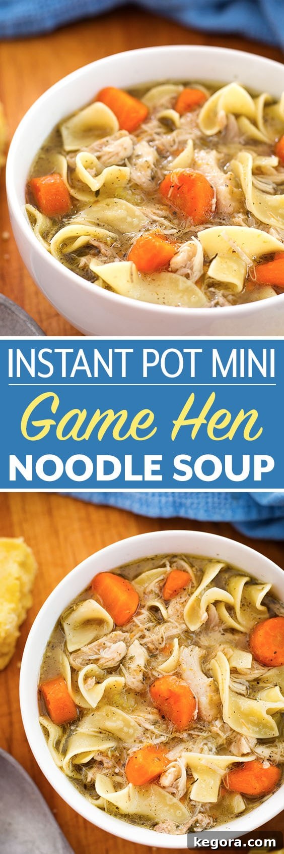 Pinterest Pin: Instant Pot Mini - Game Hen Noodle Soup for the 3 quart electric pressure cooker. Comforting like chicken noodle soup, but made with a Cornish game hen. Simple to make, and quick, too! simplyhappyfoodie.com #Instantpotchickennoodlesoup #instantpotgamehen