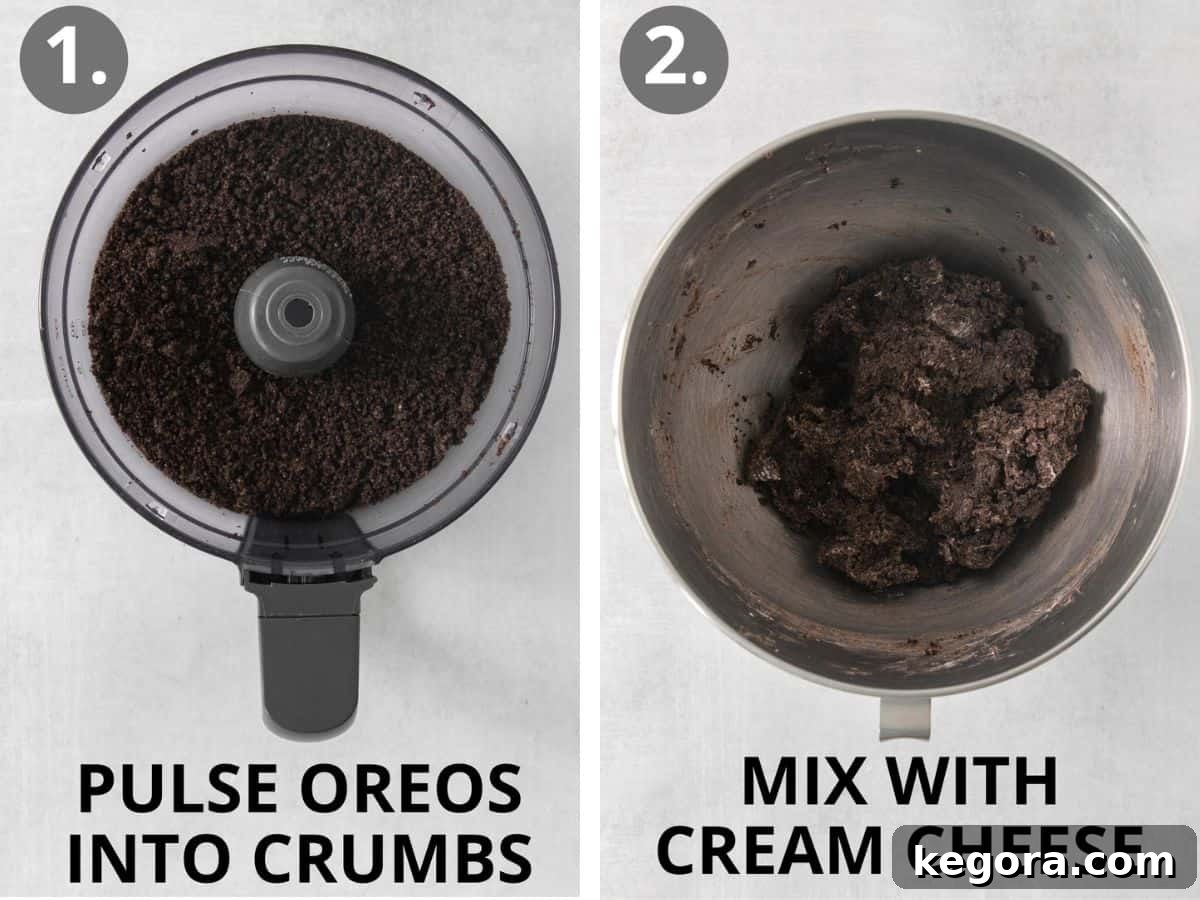 Gluten-Free Oreo Dream Bites 4 Gluten-free Oreo crumbs pulsed and then mixed with softened cream cheese, ready to be formed into balls.