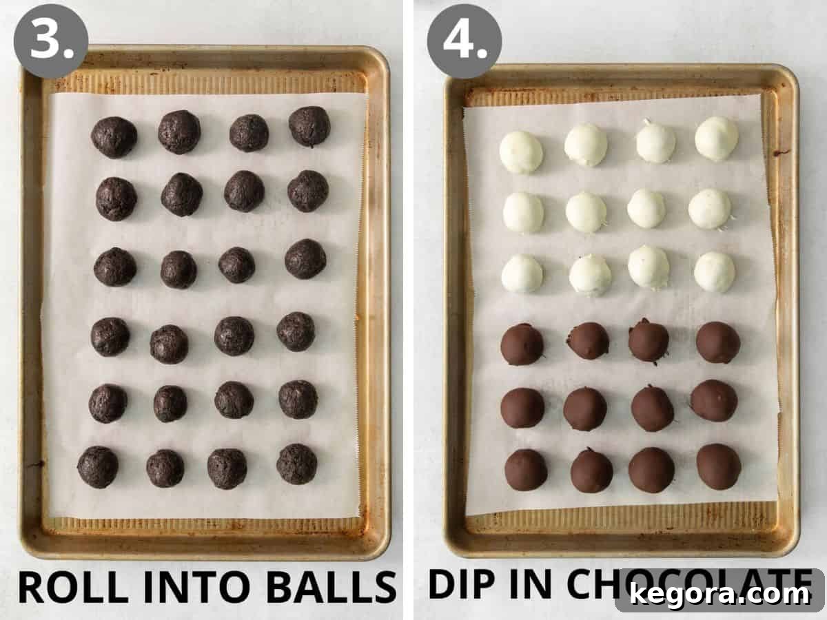 Gluten-Free Oreo Dream Bites 5 Several gluten-free Oreo balls, perfectly shaped and ready for their chocolate coating, arranged on a parchment-lined baking sheet.