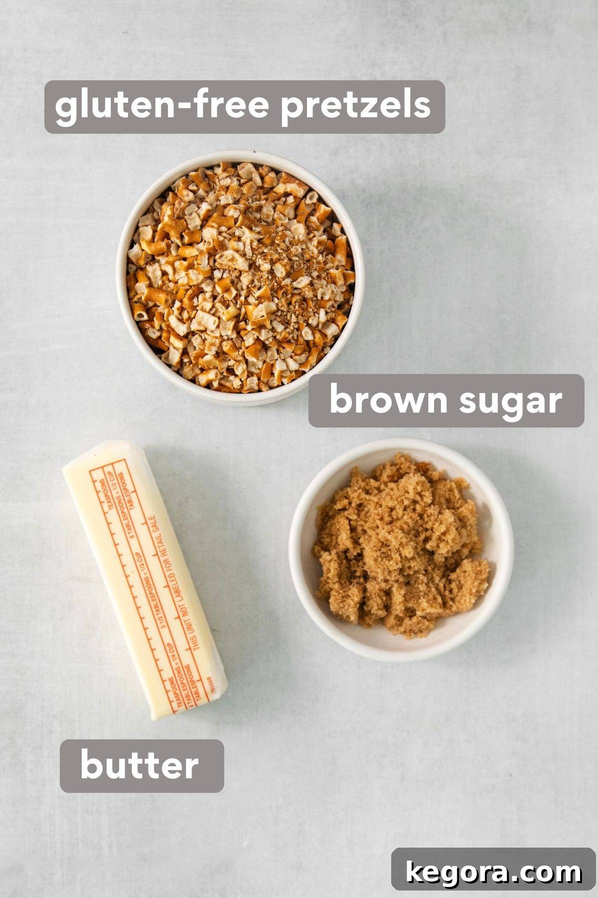 Pretzel crust ingredients on a countertop